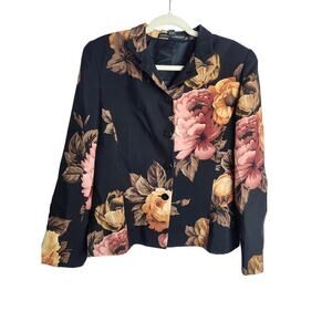 Linda Allard Ellen Tracy Dark Floral Jacket sz 12 silk/wool art to wear career
